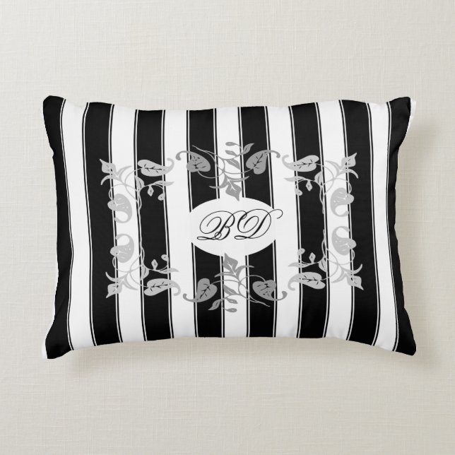 Coussins Décoratifs Bandes noires et blanches avec Feuilles gris (Devant)