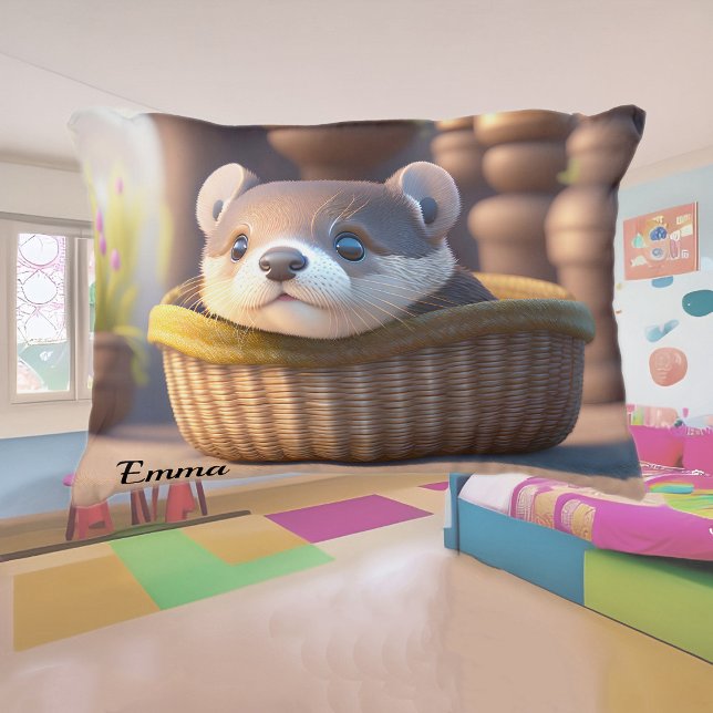 Coussins Décoratifs Bébé loutre mignonne dans un panier - personnalisa (Créateur téléchargé)