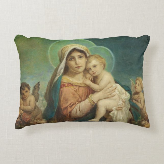Coussins Décoratifs Bienheureuse Mère Marie Bébé Jésus Anges Roses (Devant)