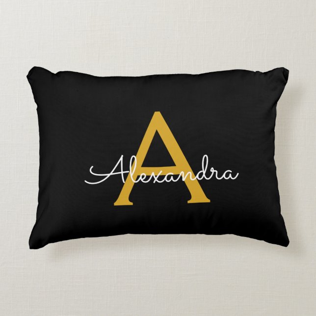 Coussins Décoratifs Black Gold Modern Script Girl Monogramme Nom (Devant)