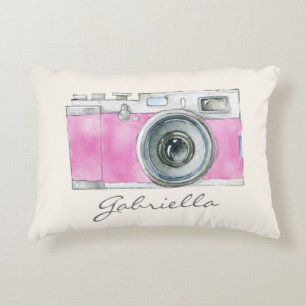Coussins Décoratifs Caméra d'aquarelle rose rétro personnalisée
