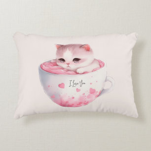 Coussins Décoratifs Chat blanc-rose mignonne dans une tasse de thé (3)