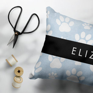 Coussins Décoratifs Chien Paws, White Paws, Blue Watercolor, Votre nom