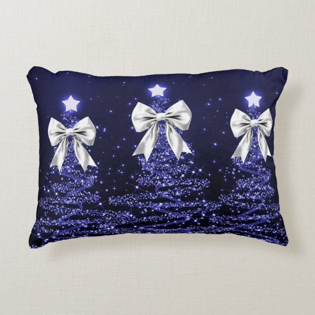 Coussins Décoratifs Christmas Sparkling Trees Navy Faux Silver Bow  (Devant)