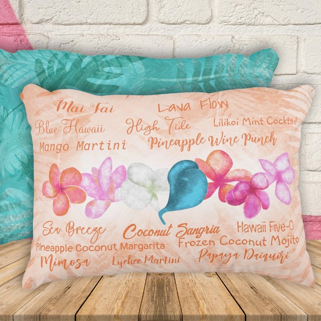 Coussins Décoratifs Cocktails Tropical Plumeria Flowers Accen (Coral Orange, Pink, Turquoise Throw Pillow, Tropical Hawaiian Flowers Popular Cocktail Names)