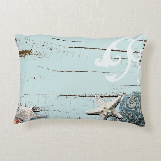 Coussins Décoratifs Côté aqua bleu plage bois étoile coquillage (Dos)
