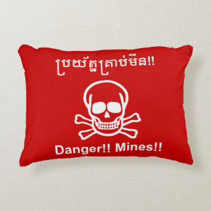 Coussins Décoratifs Danger!! Mines!! ☠ Panneau Cambodgien Khmer ☠