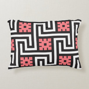 Coussins Décoratifs Déco clé grecque, noir, blanc et corail rose