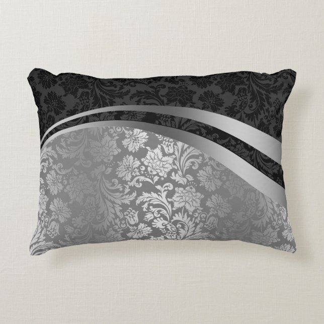 Coussins Décoratifs Élégant noir et argent Damas Stripes dynamiques (Devant)