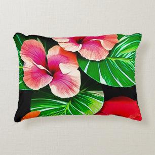 Coussins Décoratifs Feuilles tropicales colorées et fleurs d'Hibiscus