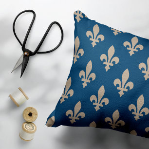 Coussins Décoratifs Fleur de Lis Motif, Royal French, Crème sur Blue