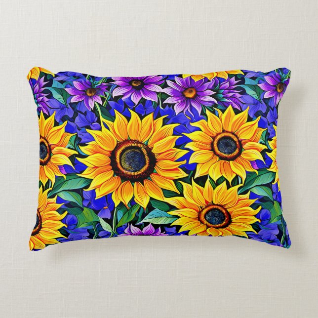 Coussins Décoratifs Fleurs violettes et tournesols jaunes Floral (Devant)