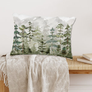 Coussins Décoratifs Forêt de pins verte aquarelle sur montagne