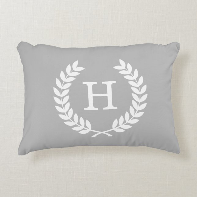 Coussins Décoratifs Gris Blanc Blé Laurel Wreath Initial Monogramme (Devant)