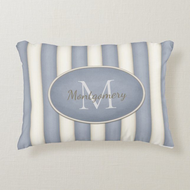 Coussins Décoratifs Gris et rayures de crème Monogramme encadré ovale (Devant)