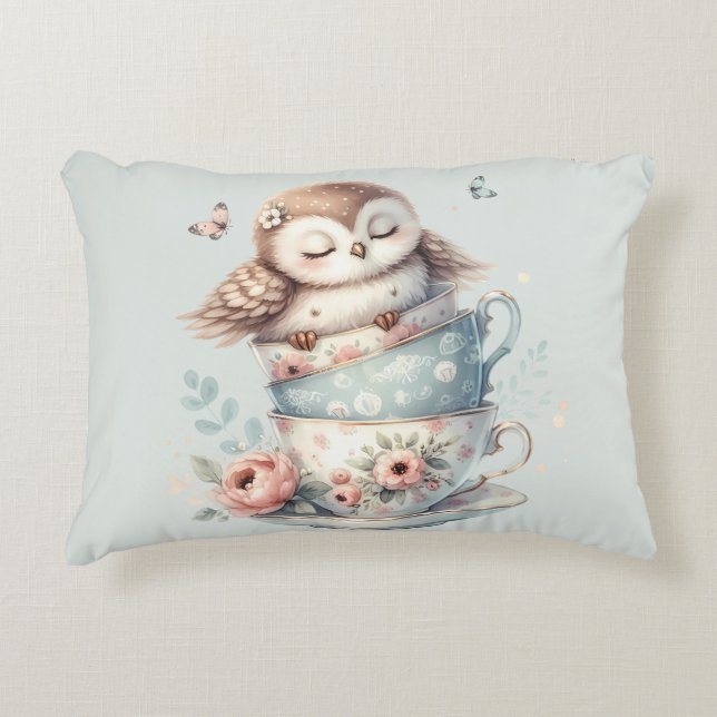 Coussins Décoratifs Hibou endormi dans des tasses à thé florales empil (Devant)
