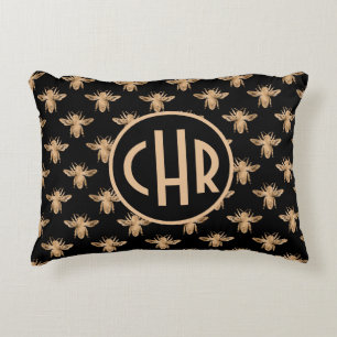 Coussins Décoratifs Joli Monogramme D'Abeille Reine Noir Et Or