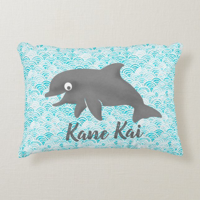 Coussins Décoratifs Keiki Aquarelle Dauphin Vague Customisée (Devant)