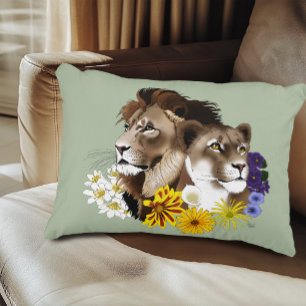 Coussins Décoratifs Lion Lionne Floral Vert 