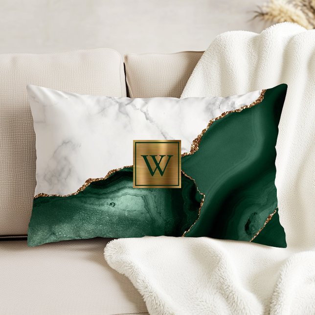 Coussins Décoratifs Marbre Blanc Doré Monogramme Agate Vert Emeraude (Créateur téléchargé)