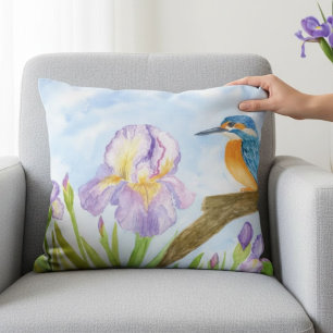Coussins Décoratifs Martin-pêcheur à l'aquarelle avec iris violets