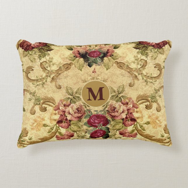 Coussins Décoratifs Mauve Rose victorien vintage avec Monogramme d'or (Devant)