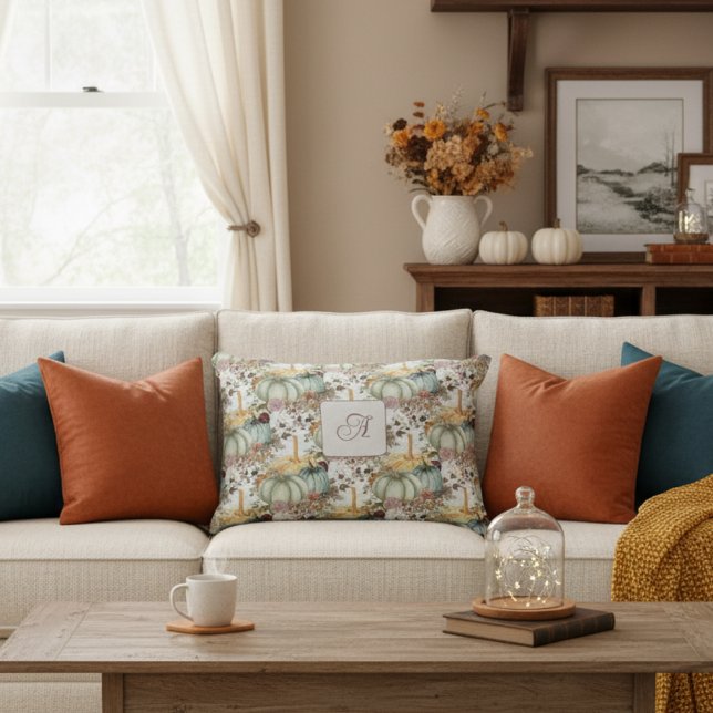 Coussins Décoratifs Mignons Citrouilles Whimsical Et Fleurs Monogramme (Créateur téléchargé)