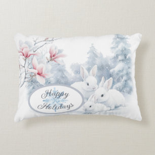 Coussins Décoratifs Mignons lapins blancs en vacances d'hiver neige