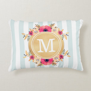 Coussins Décoratifs Mint Stripes Aquarelle Fleurs Faux Gold Monogramme
