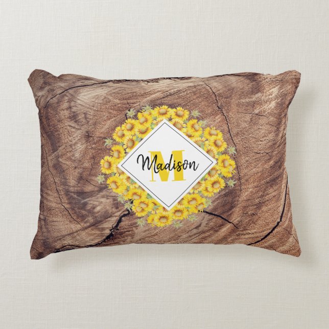 Coussins Décoratifs Monogram de Rustic Sunflowers & Wood Texture (Devant)