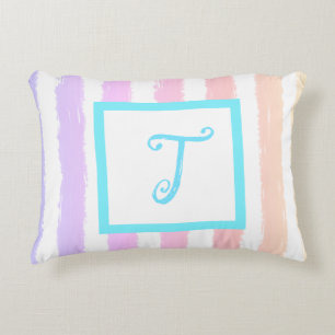 Coussins Décoratifs Monogramme bleu rayures rose violet aquarelle