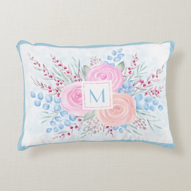 Coussins Décoratifs Monogramme Bouquet d'aquarelle Roses roses Bleues  (Devant)