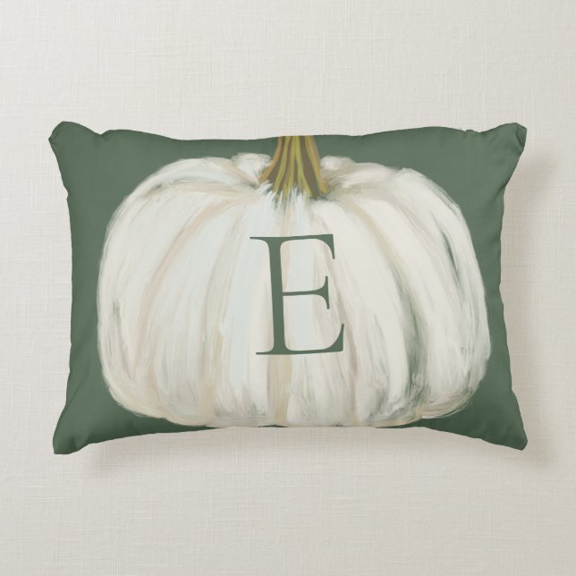 Coussins Décoratifs Monogramme Citrouille d'automne vert et blanc (Devant)