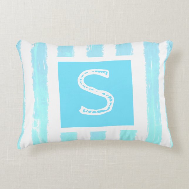 Coussins Décoratifs Monogramme Ice Bleu Aquarelle Blancs (Devant)