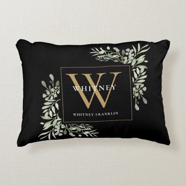 Coussins Décoratifs Monogramme initial doré de verdure moderne noir (Devant)