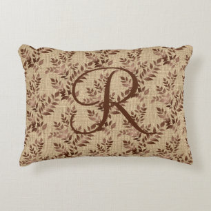 Coussins Décoratifs Monogramme Script initial Brown Rose Feuilles or