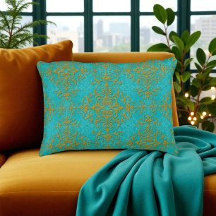 Coussins Décoratifs Motif de style damassé or et turquoise