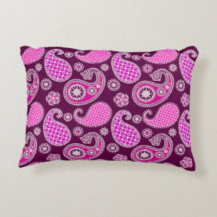 Coussins Décoratifs Motif Paisley, rose fuchsia, violet et blanc
