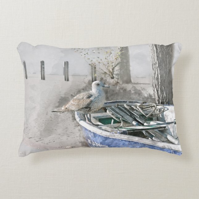 Coussins Décoratifs Mouette sur l'aquarelle de bateau (Devant)