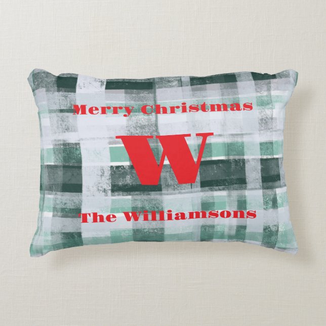 Coussins Décoratifs Noël monogramme plaid tartan vert blanc rouge (Devant)