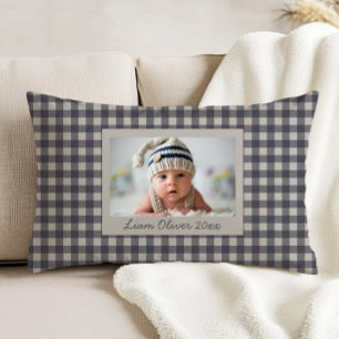 Coussins Décoratifs Nurserie à carreaux personnalisée avec photo bleu