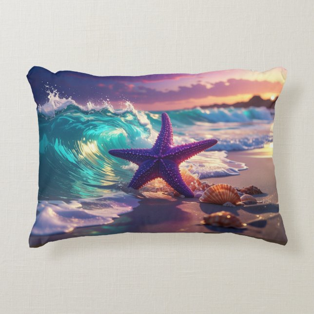 Coussins Décoratifs Ocean beach with violet starfish (Devant)