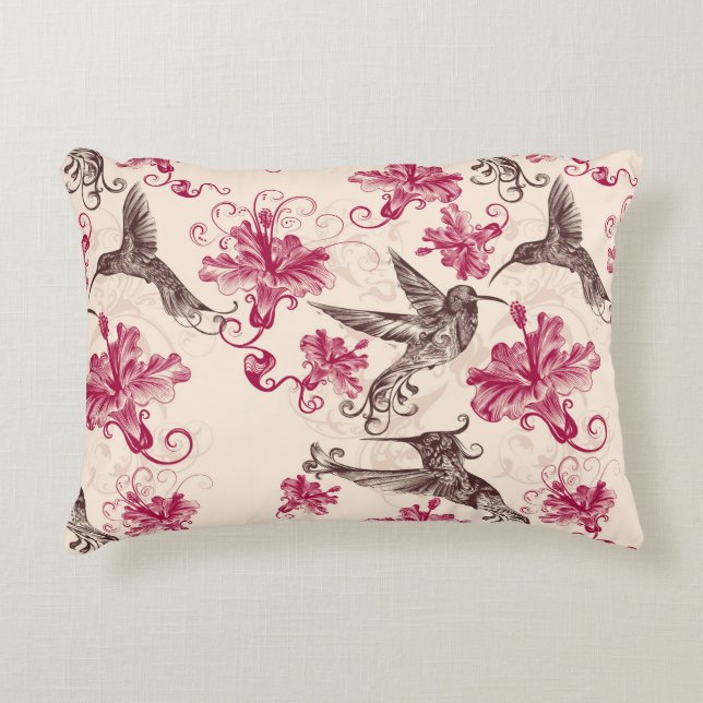 Coussins Décoratifs Oiseaux Humming Et Fleurs Roses (Devant)