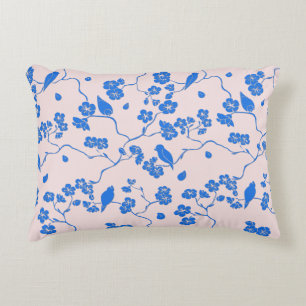 Coussins Décoratifs Oiseaux sur fleurs de cerisier bleu sur rose