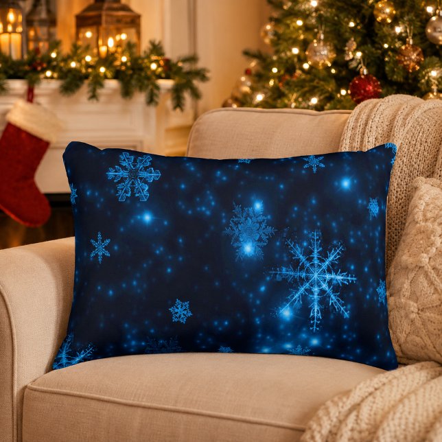 Coussins Décoratifs Oreiller en polyester Deep Blue & Bright Snowflake (Deep Blue & Bright Snowflakes Polyester Pillow)