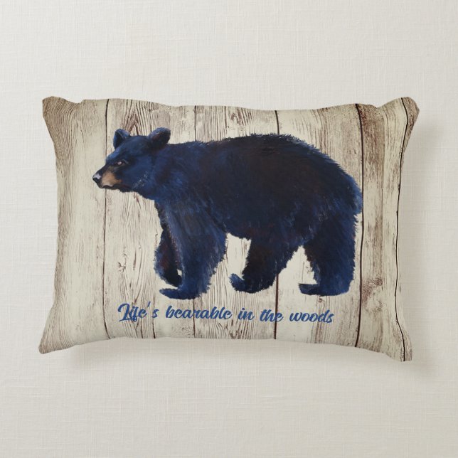 Coussins Décoratifs Ours noir avec bois rustique peint (Dos)