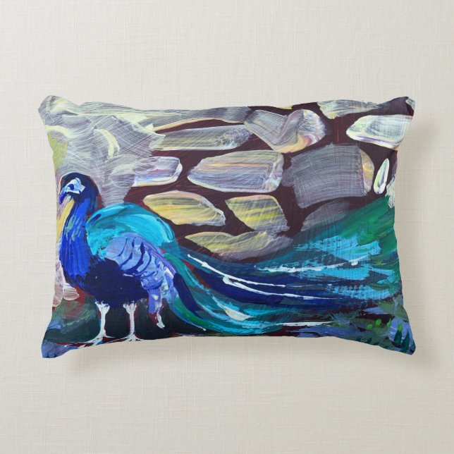 Coussins Décoratifs paon bleu, peinture acrylique (Devant)