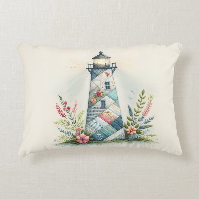 Coussins Décoratifs Patchwork Lighthouse Coastal Floral Scene (Devant)