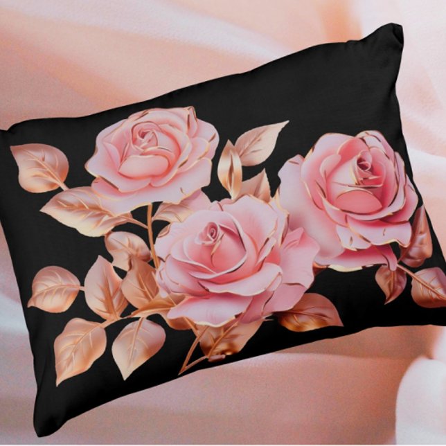 Coussins Décoratifs Peach Pink Gold Roses on Black (Peach pink gold vintage roses on black background.)