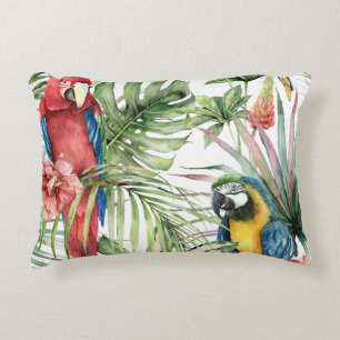 Coussins Décoratifs Perroquets tropicaux, hibiscus : motif d'aquarelle